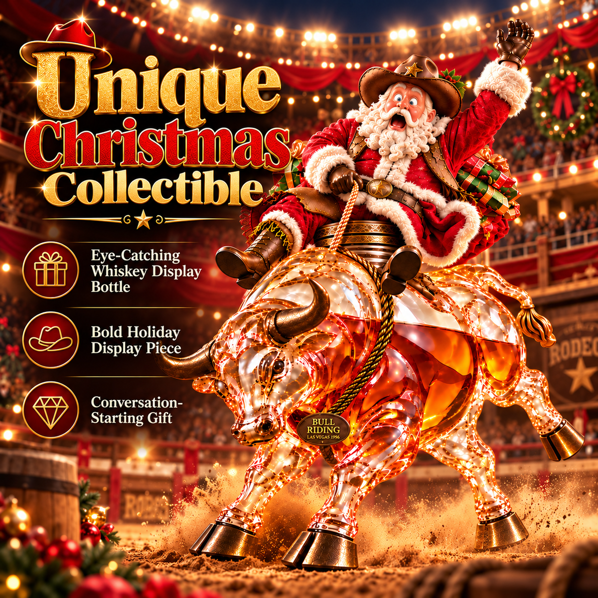🎄🐂 Scared Santa Bull Rider Whiskey Bottle –  Unique Holiday Gift 🎁