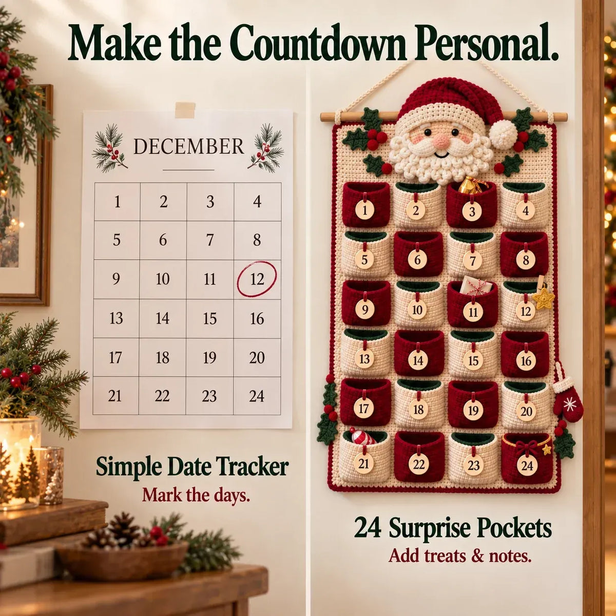 🧶 DIY Crochet Advent Calendar Kit | 24 Refillable Pockets, 4 Christmas Characters & Complete Crochet Materials 🎄