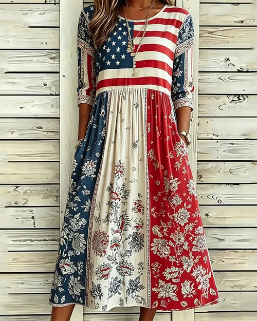 Women's Flag Floral Print Pocket Casual Dress