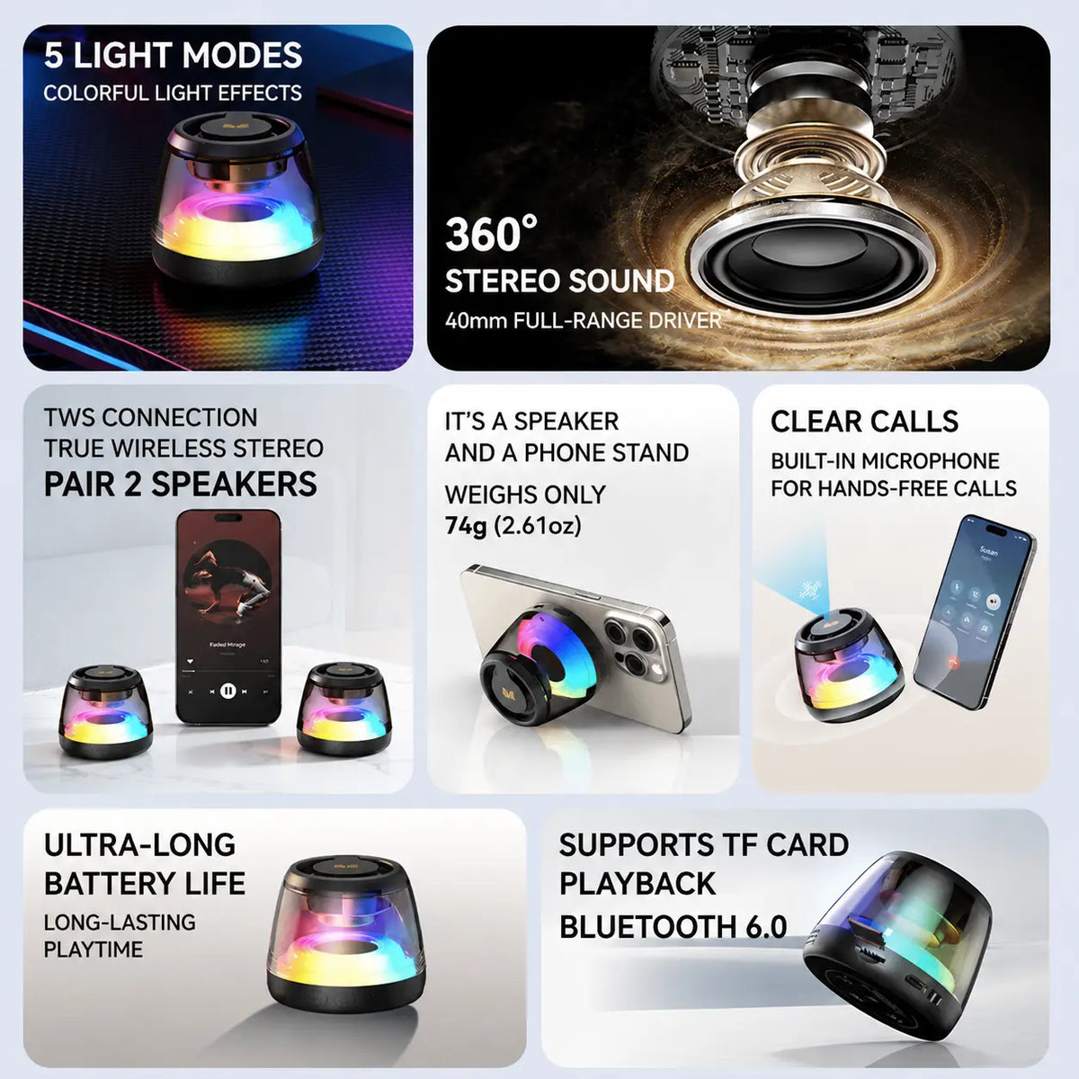 🔊 Monster Mini Bluetooth Speaker – RGB Lights, TWS Stereo & Magnetic Design