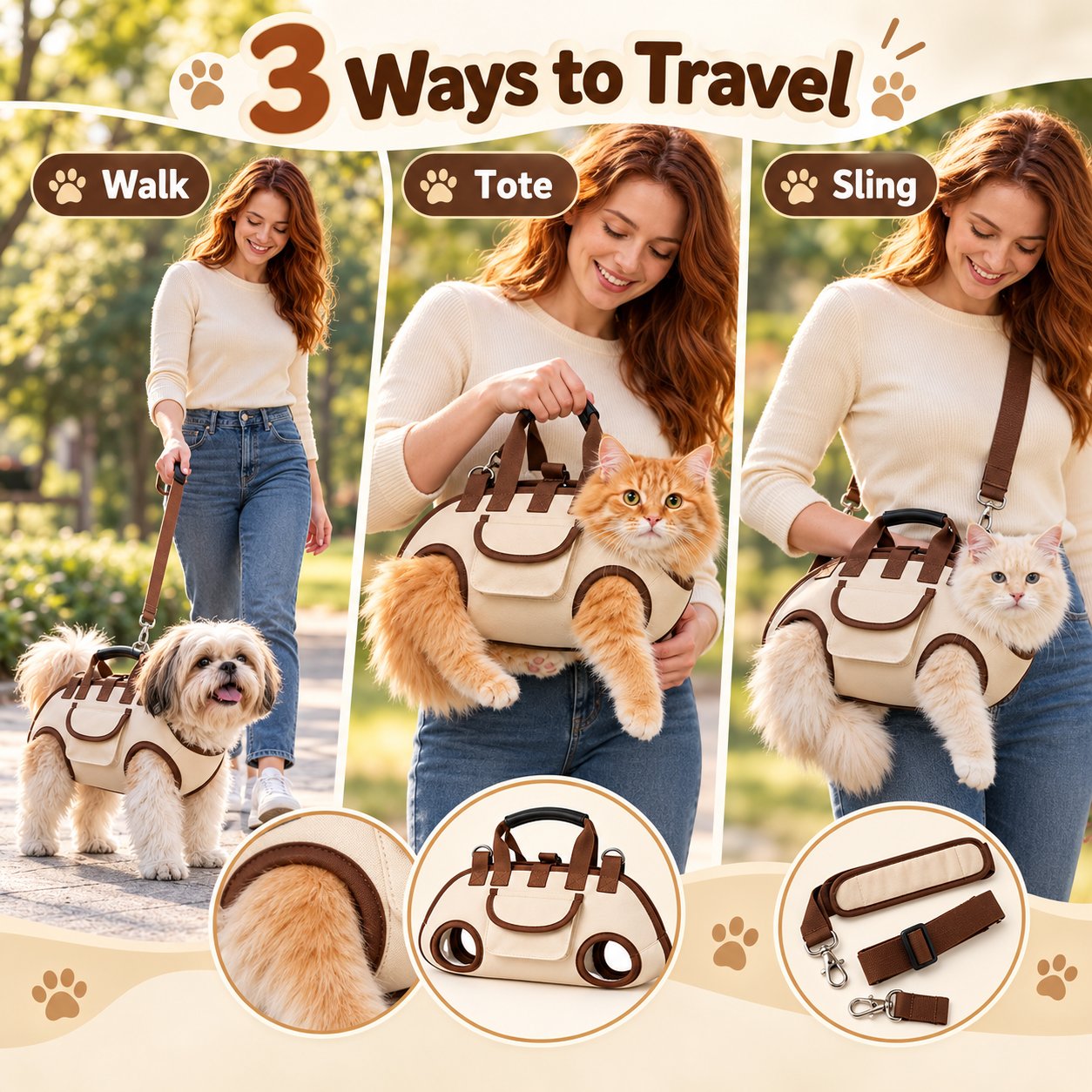 Three pet carrier modes harness tote bag and shoulder sling