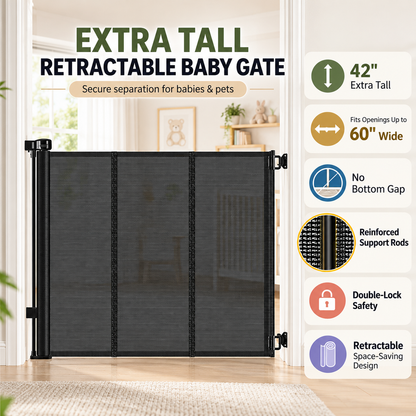 🏡🛡️ SafeNest – 42" Extra Tall Retractable Baby & Pet Gate, Extends Up to 60" Wide