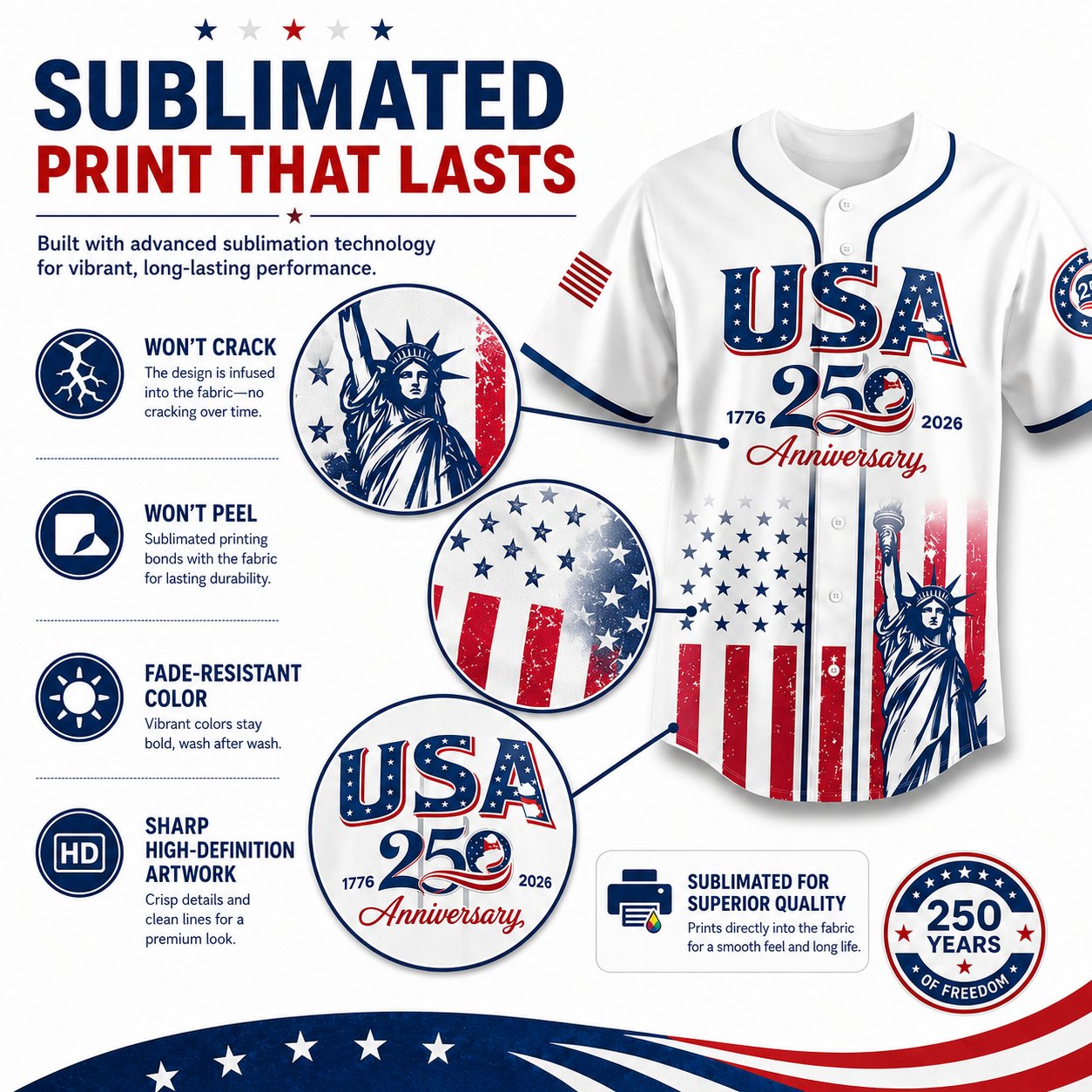 USA 250th Anniversary Baseball Jersey, Patriotic Statue of Liberty Print Shirt, Unisex Independence Day 4th of July Outfit, 1776–2026 Semiquincentennial Patriotic Jersey