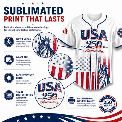 USA 250th Anniversary Baseball Jersey, Patriotic Statue of Liberty Print Shirt, Unisex Independence Day 4th of July Outfit, 1776–2026 Semiquincentennial Patriotic Jersey