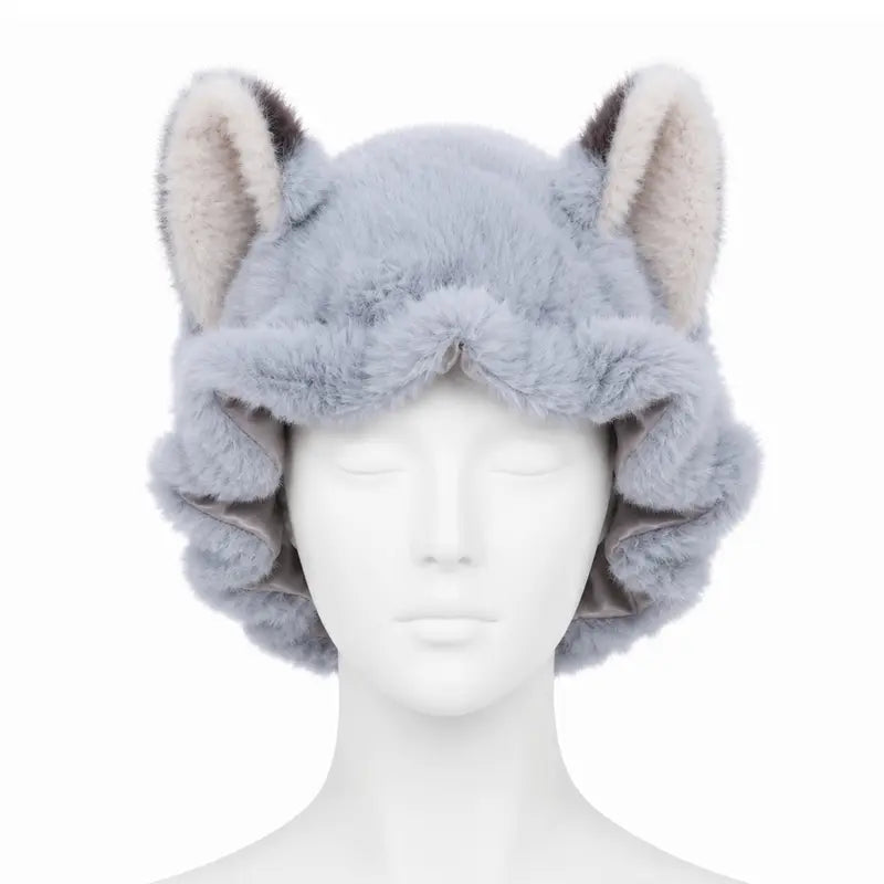 Brand Original Fox Ear Design Plush Satin Hair Bonnet for Sleeping