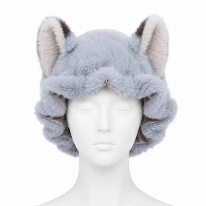 Brand Original Fox Ear Design Plush Satin Hair Bonnet for Sleeping