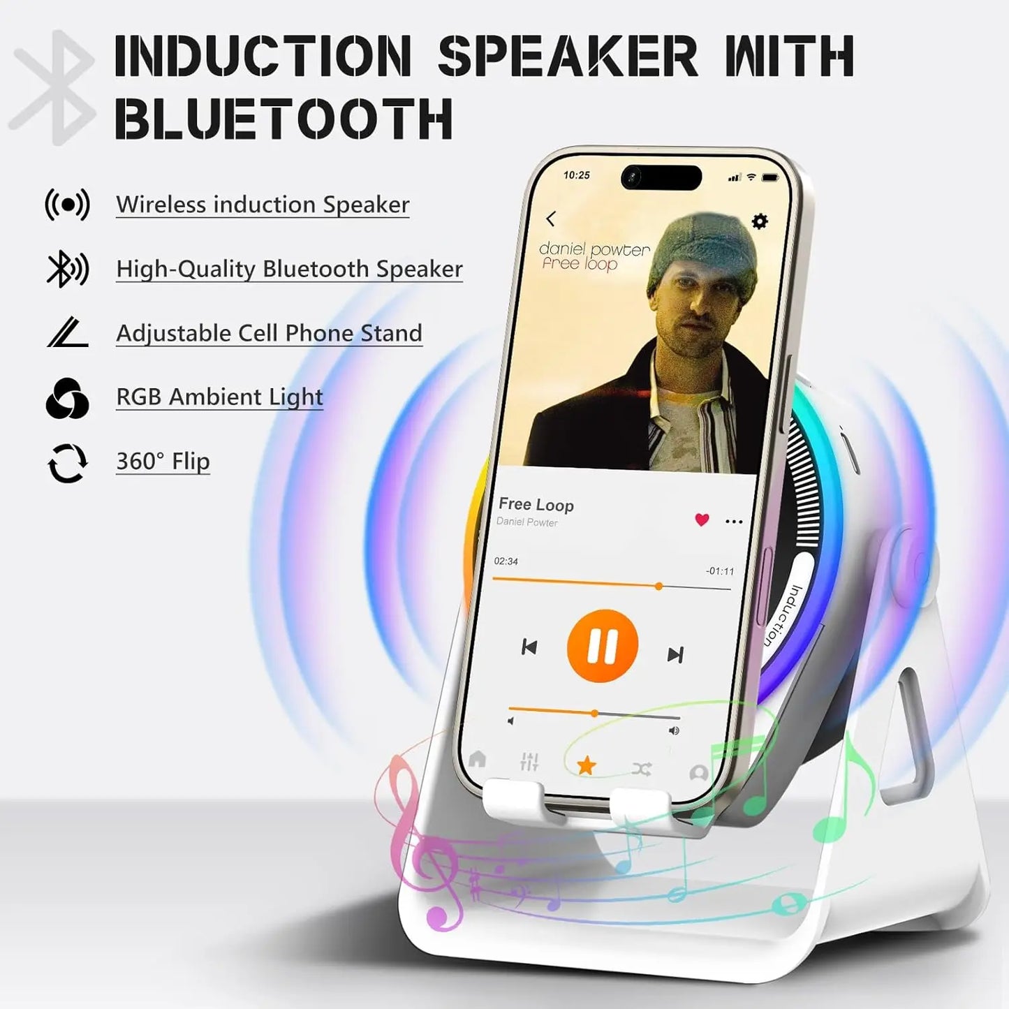 🔥 50% OFF 4-in-1 Wireless Induction Bluetooth Speaker ✨ Phone Stand + RGB Light
