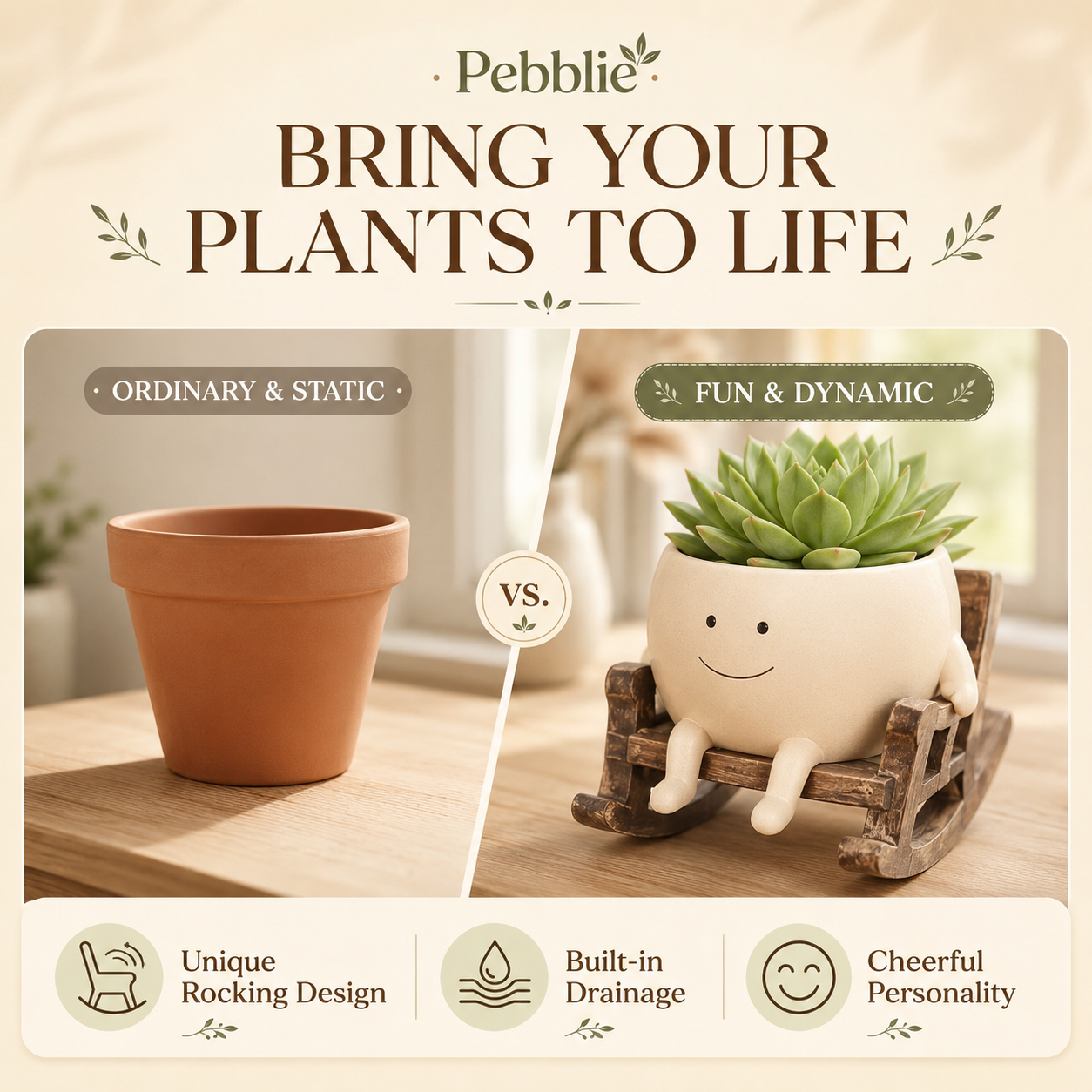 Upgrade Your Plain Boring Plant Pots | Cute Lazy Smile Character Ceramic Succulent Planter with Detachable Wooden Rocking Chair Desk Decor