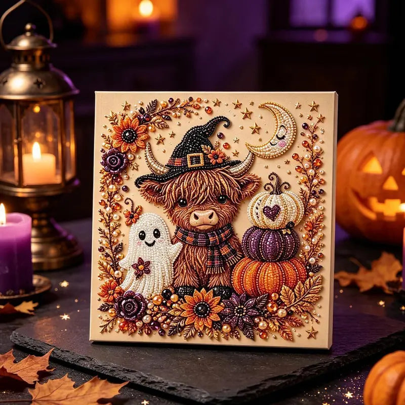 Diamond Art Kit for Beginners, DIY Halloween Witch on Moon Bead Painting, Sparkling Pearl-Style Craft Set