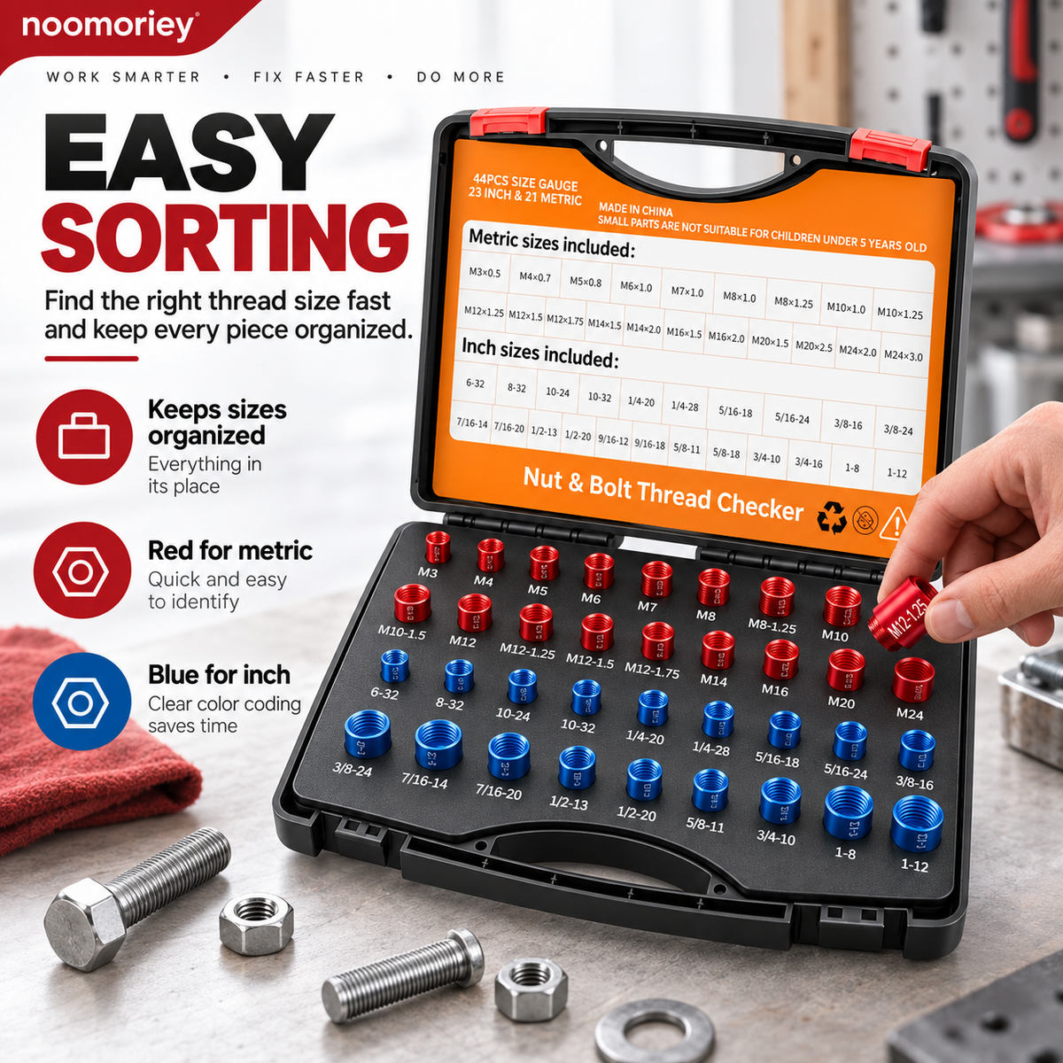 26/44-Piece Nut & Bolt Thread Checker – Metric & SAE Thread Gauge Kit with Storage Case
