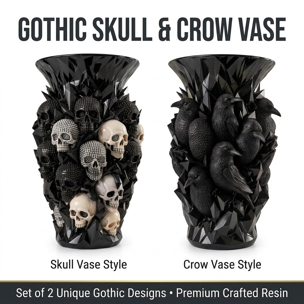💎💀Gothic Skull & Crow Resin Vase- Halloween Dark Decor Vase
