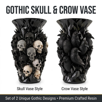 💎💀Gothic Skull & Crow Resin Vase- Halloween Dark Decor Vase