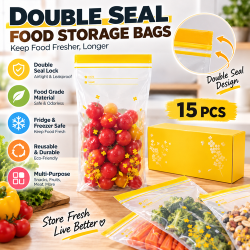 🥕 15-Pack Double-Seal Food Storage Bags – Clear Reusable Pouches for Fridge Organization & Meal Prep