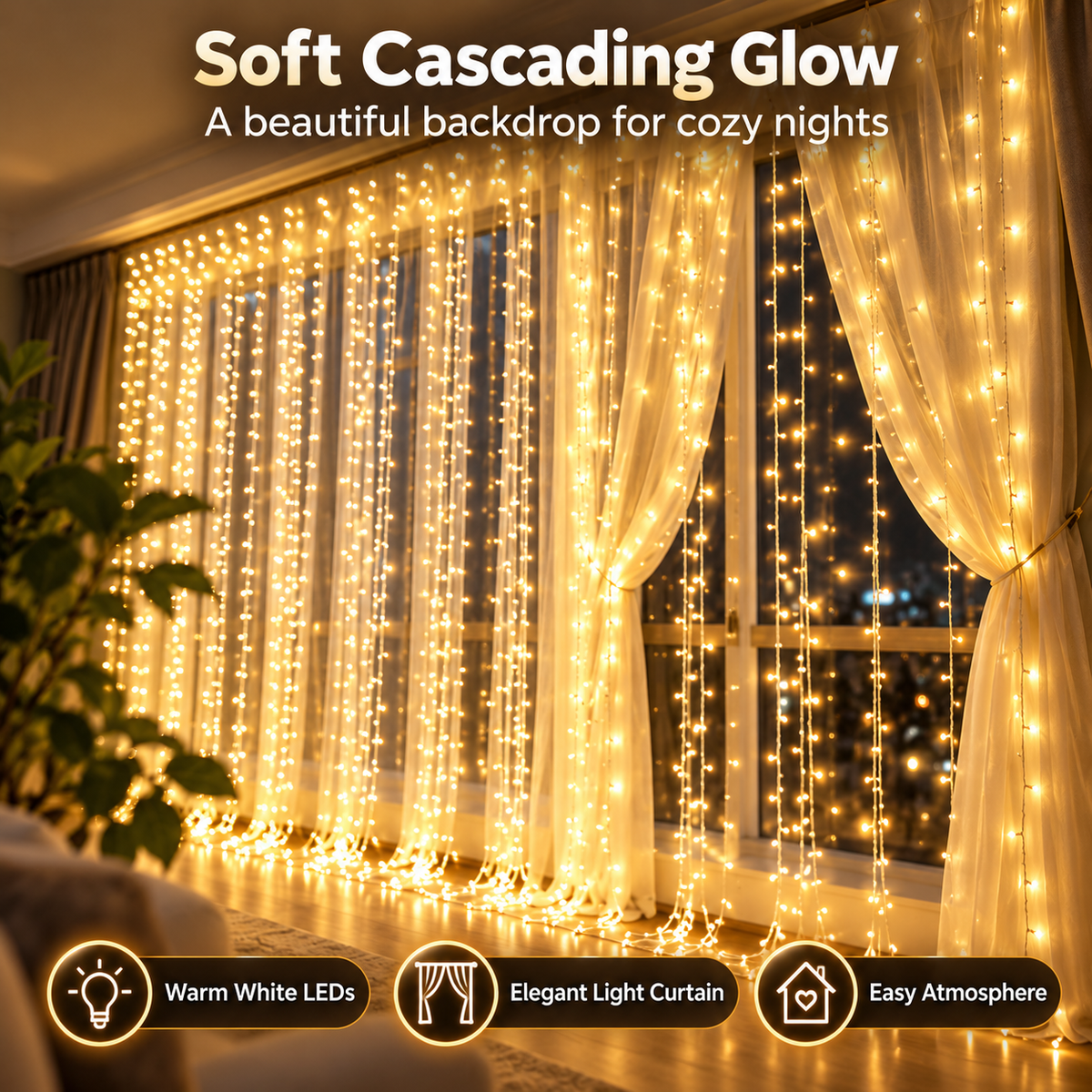 🎄 Christmas Curtain Lights – Warm White LED Window Lights with Remote Control