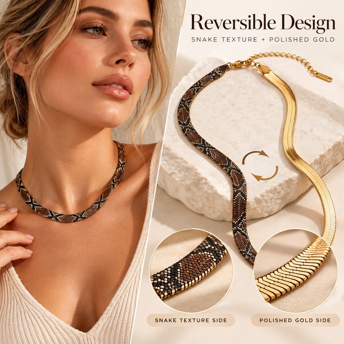 🐍 Reversible Snake Scale Engraved Gold Iron Herringbone Chain Necklace