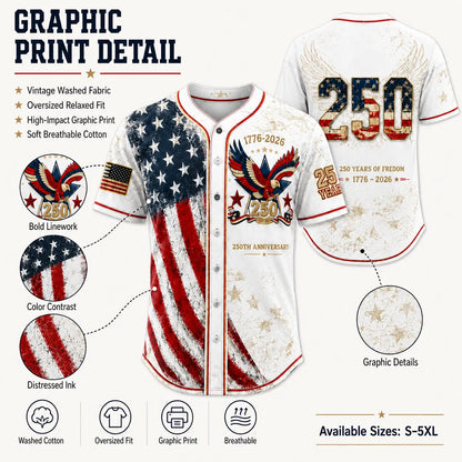 Men's USA 250th Anniversary Baseball Jersey Patriotic American Flag Eagle Button Down Shirt 1776-2026, Vintage Distressed 4th of July Independence Day Graphic Tee, Unisex Casual Sports Top for Men Women, White