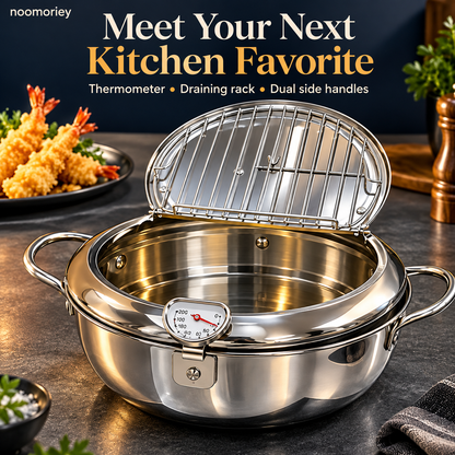 🍤 Deep Frying Pot with Thermometer & Lid Draining Rack – Dual-Handle Frying, Stir-Frying & Boiling Pot