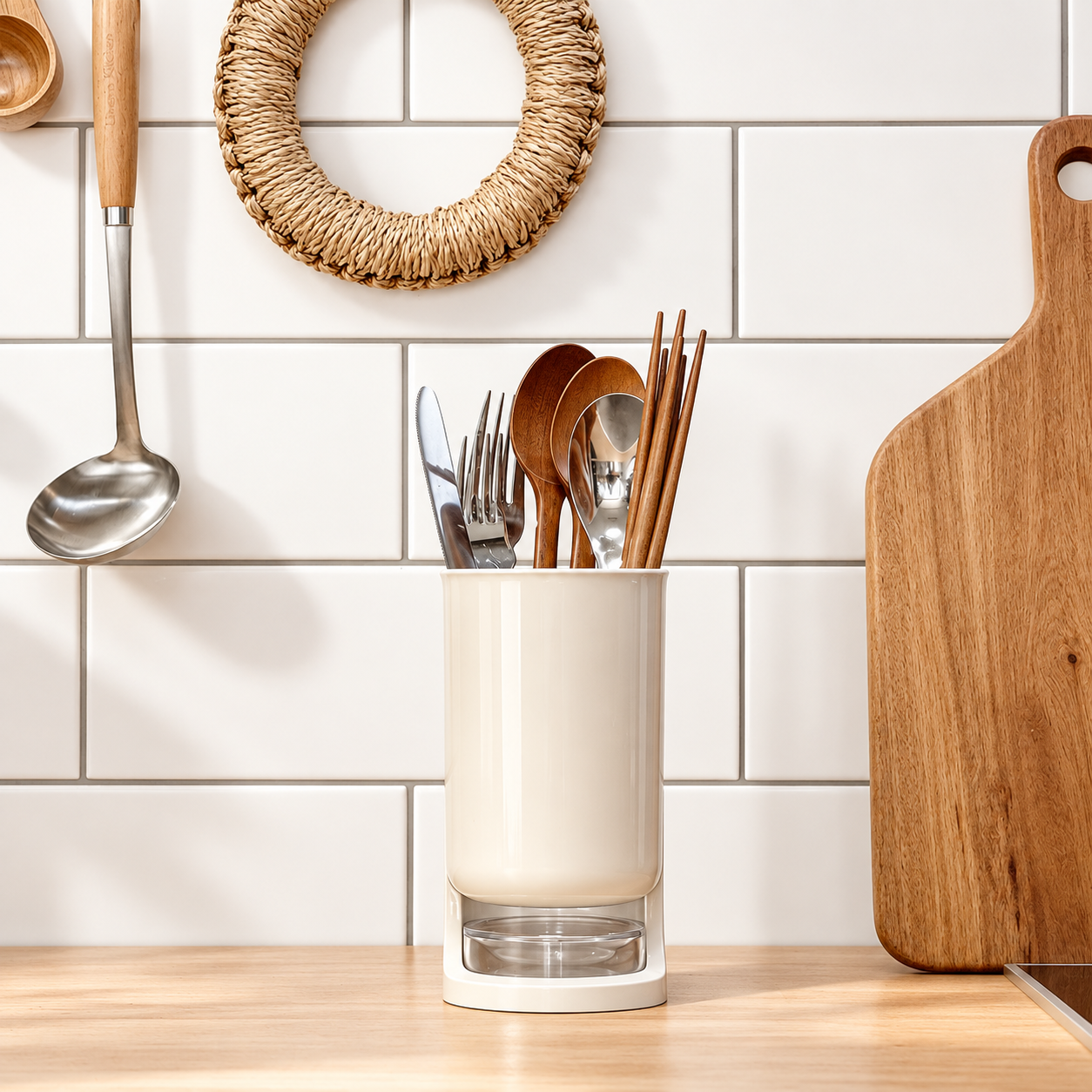 fluidic Utensil Holder - Elegant Cream Beige Color, Hygienic Kitchen Organization with Efficient Drainage System