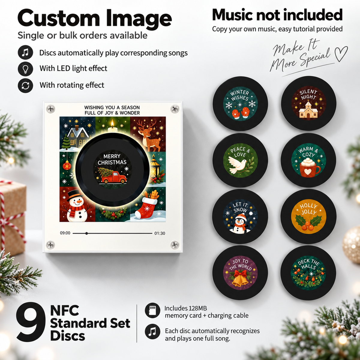 🎄🎵Christmas NFC Music Player – Turn Your Fridge Into a Holiday Jukebox. with 9 Vinyl Style Discs and USB C