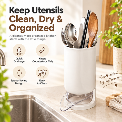 fluidic Utensil Holder - Elegant Cream Beige Color, Hygienic Kitchen Organization with Efficient Drainage System