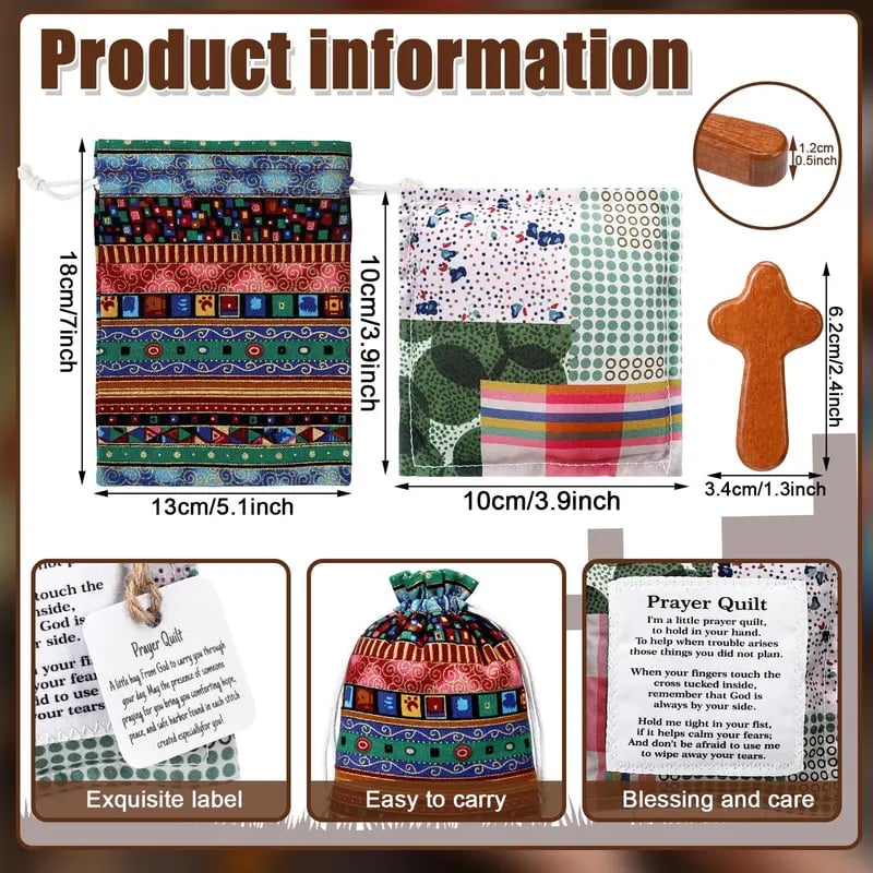 🎁Pocket Prayer Quilt Set | Mini Handmade Prayer Blankets with Cross & Drawstring Bag Christian Gifts✝️🎁