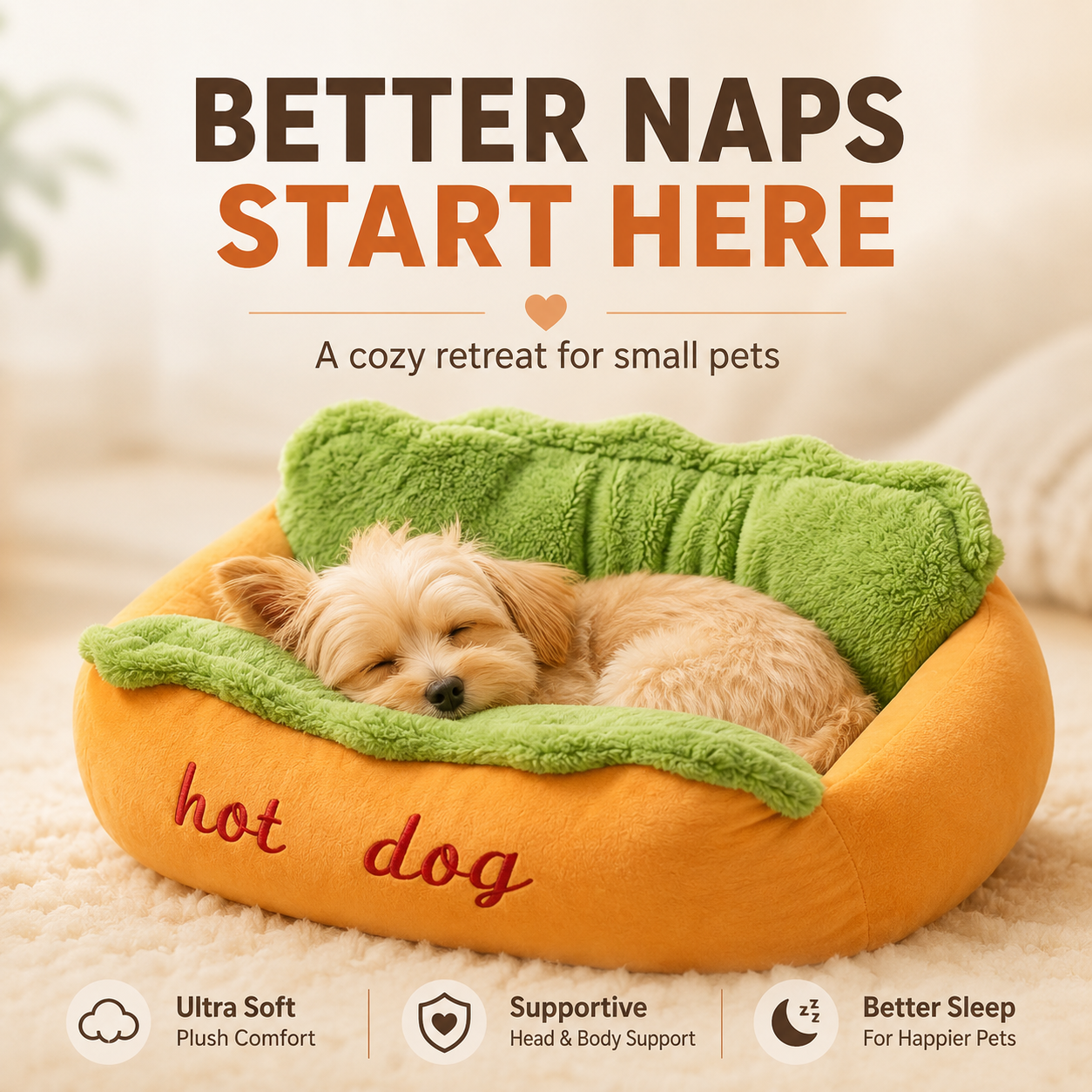 🌭 Hot Dog Dog Bed – Cute Plush Pet Sofa for Small Dogs & Cats