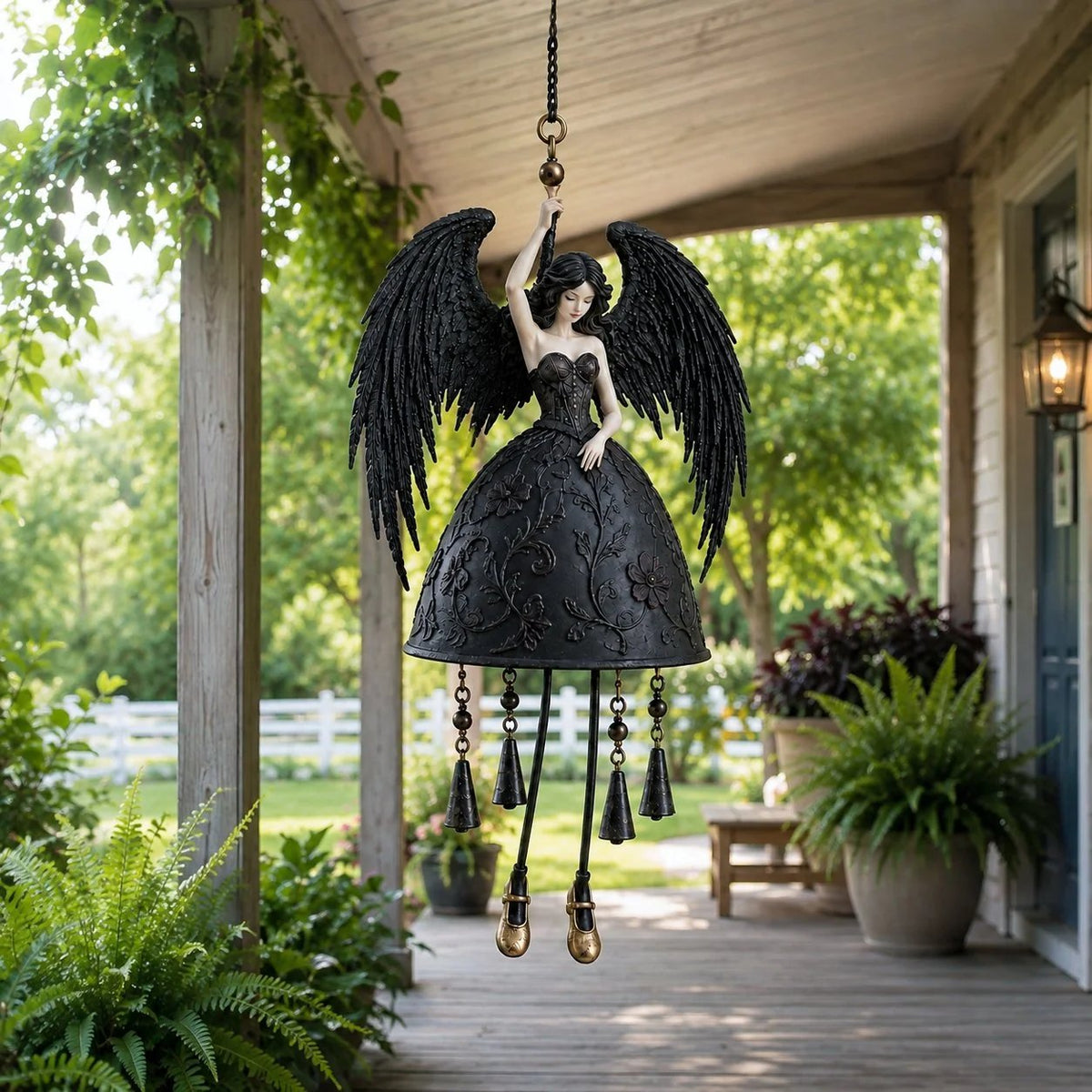 🖤 Dark Angel Gothic Wind Chime | Dramatic Black-Wing Garden Accent with Gentle Chimes for Porches, Patios, Balconies & Year-Round Gothic Décor 🪽