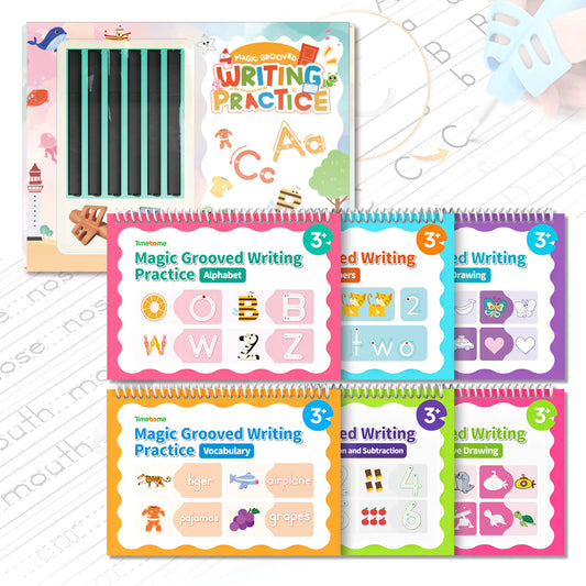 Reusable Grooved Handwriting Workbook for Kids, Learning Materials, 6 Books–Early Elementary, Covers Math, Words, Drawing