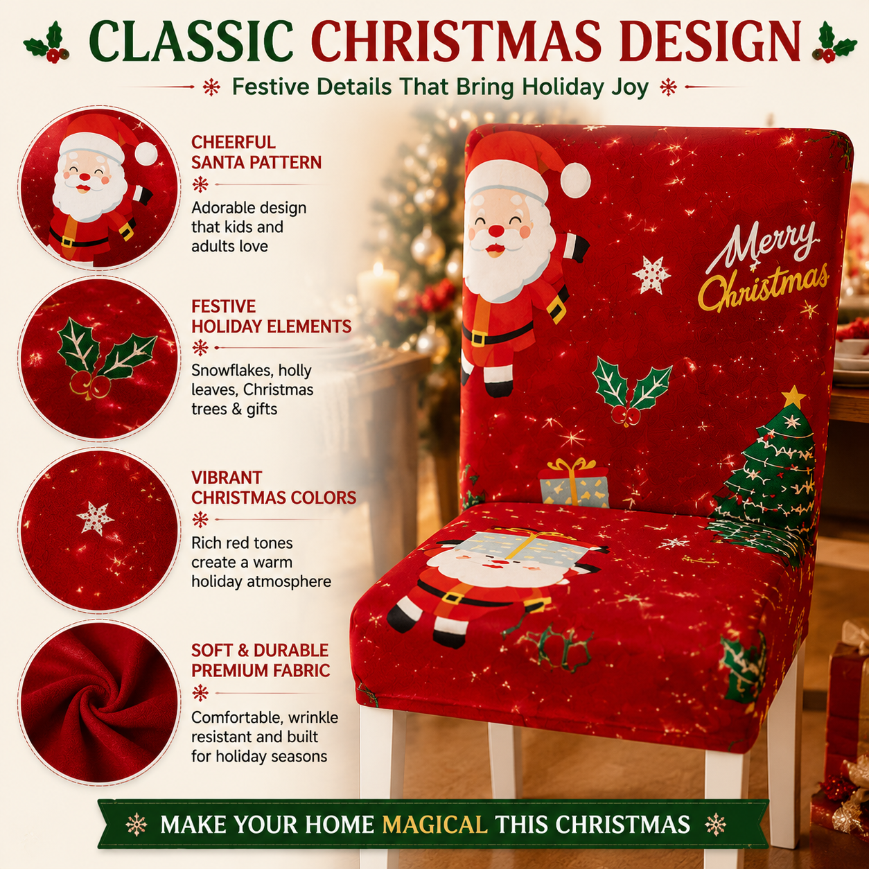 🎅 Christmas Chair Cover – Festive Santa Dining Chair Slipcover, Holiday Home Decor for Instant Christmas Makeover