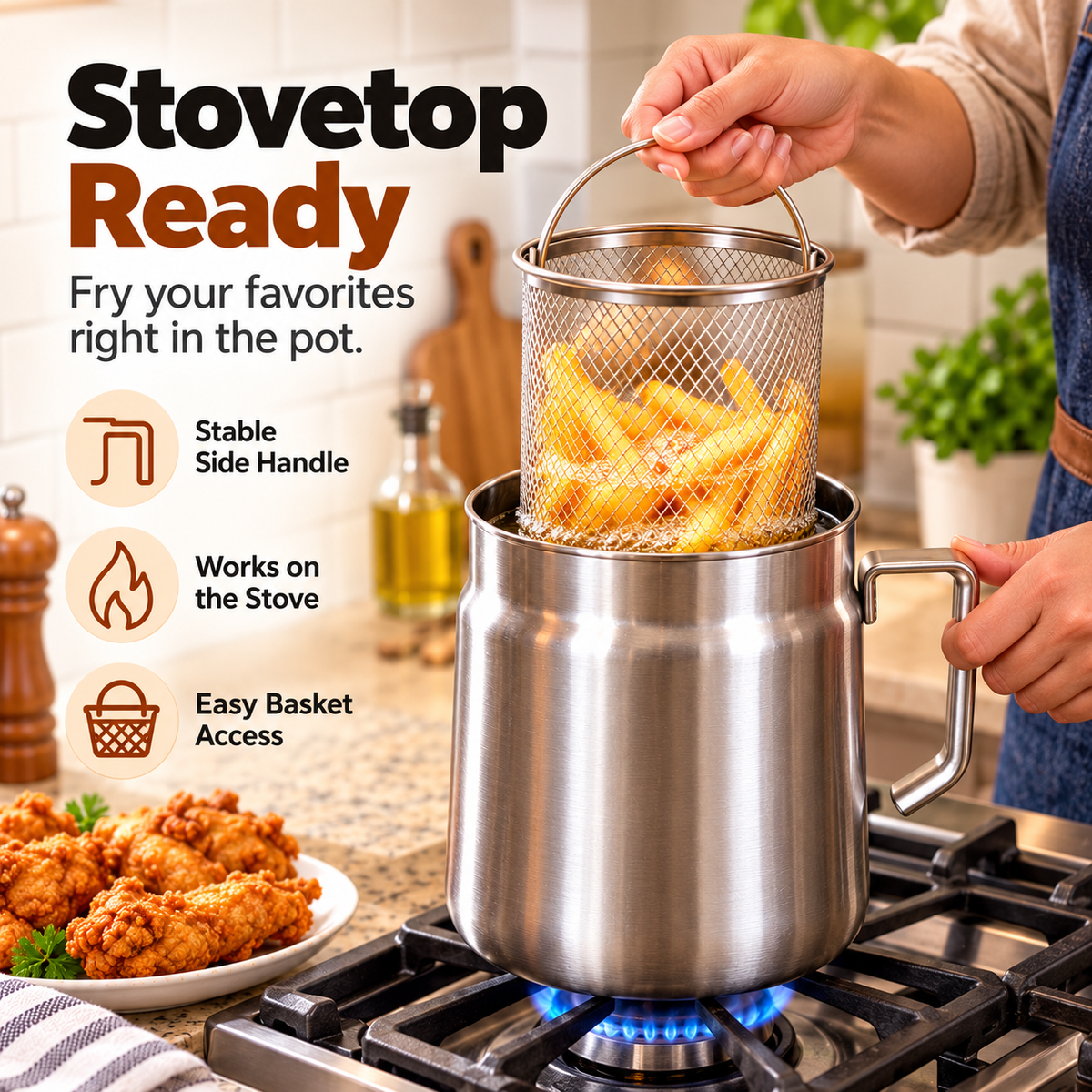 🍟 Stainless Steel Deep Fryer Set with Mesh Basket & Lid