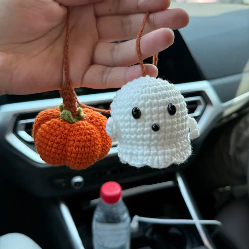 Handmade Crochet Ghost & Pumpkin Rear View Mirror Hanging Car Charm