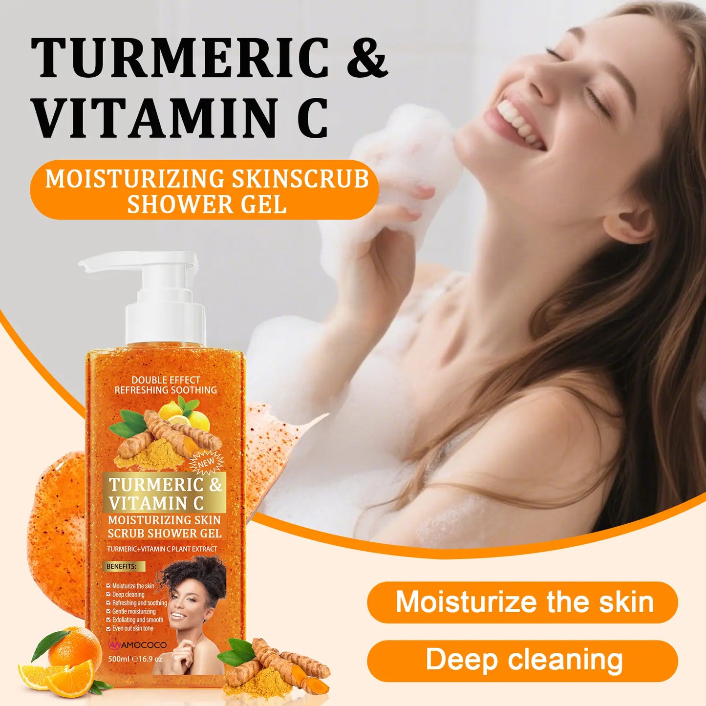 Turmeric Vitamin C Scrub Body Wash 500ml, gently moisturizing and soothing the skin with a long-lasting fragrance