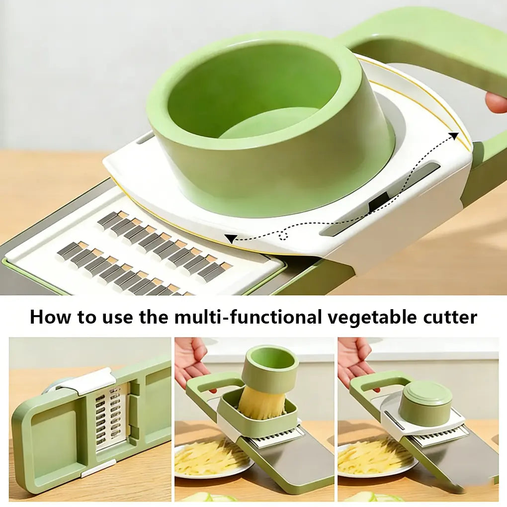 Multi-shaped slicer with adjustable stainless steel blades, thin silk, coarse silk cutter, flower slicing, comfortable handle, safe design, easy to clean, suitable for various ingredients such as vegetables and seasonings.