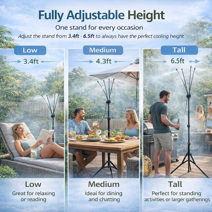 🌡 Portable Misting System: Drop your patio temperature by 20°F instantly without using a single watt of electricity. 🌬️
