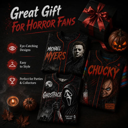 Horror Slasher Baseball Jersey, Classic Horror Movie Characters Shirt, Spooky Squad Halloween Uniform, Halloween party costumes, Halloween Gifts