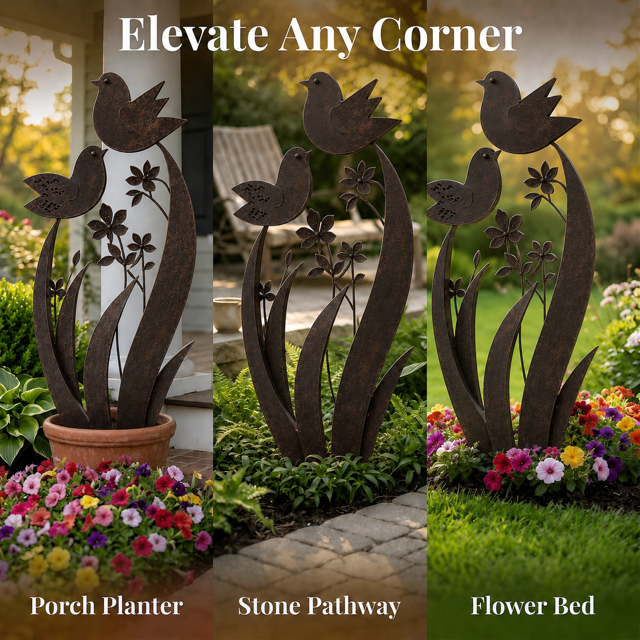 🐦 Bird & Wildflower Metal Garden Stake | Elegant Bird & Floral Garden Accent
