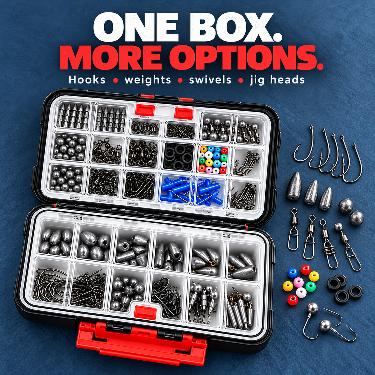 Hooks weights swivels and jig heads organized in the 400-piece case