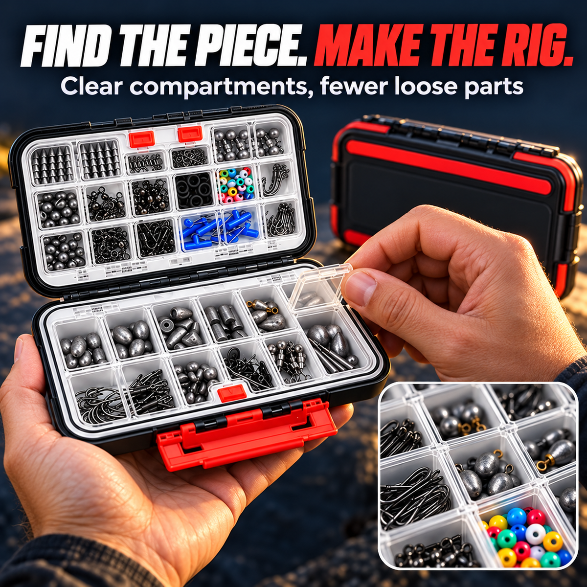 Clear compartments help organize small fishing tackle
