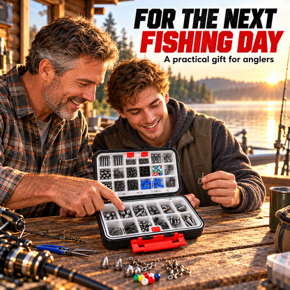 Father and adult son choosing tackle for a fishing day