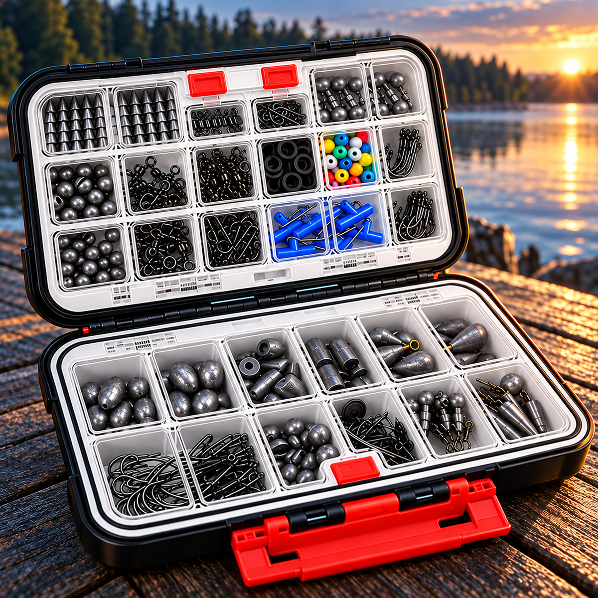 400-piece tackle organizer close-up at dawn