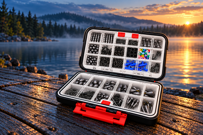 400-piece tackle organizer on a lakeside dock