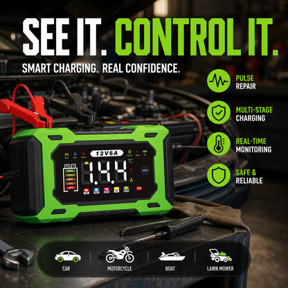 12V 6A Smart Battery Charger | Pulse Repair LCD Display for Cars Motorcycles & More