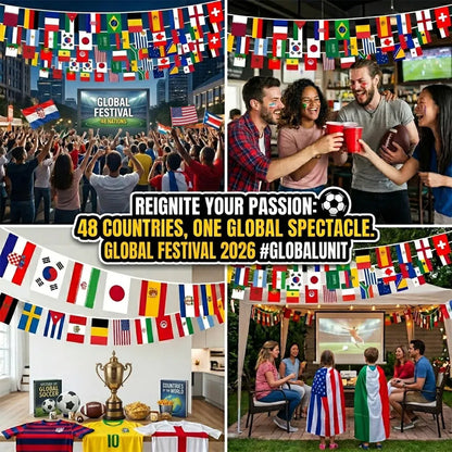 48 Country World Flags Banner, Waterproof Polyester Bunting for Soccer Watch Parties & Outdoor Decor