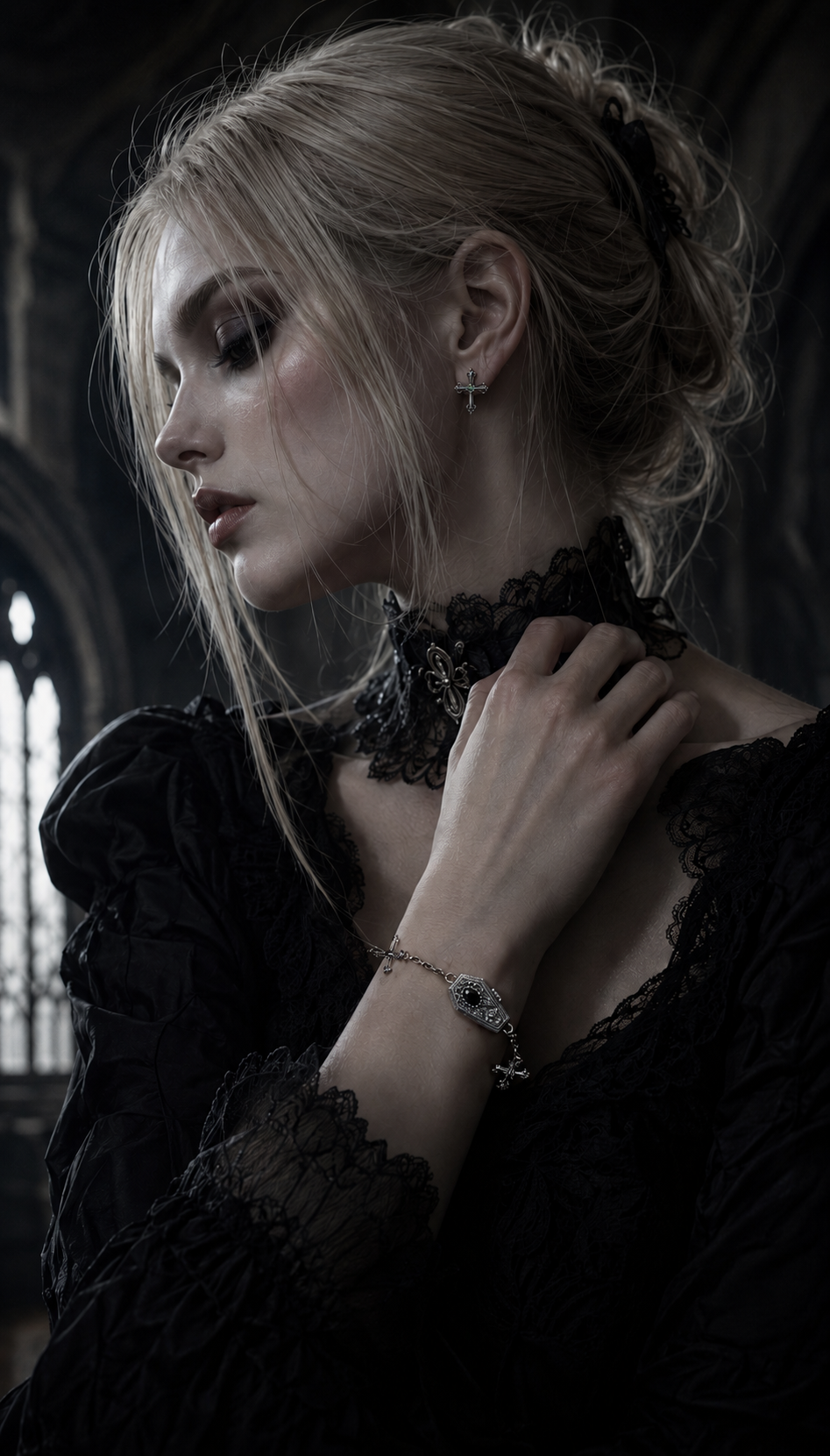 Gothic model wearing the black coffin cross bracelet