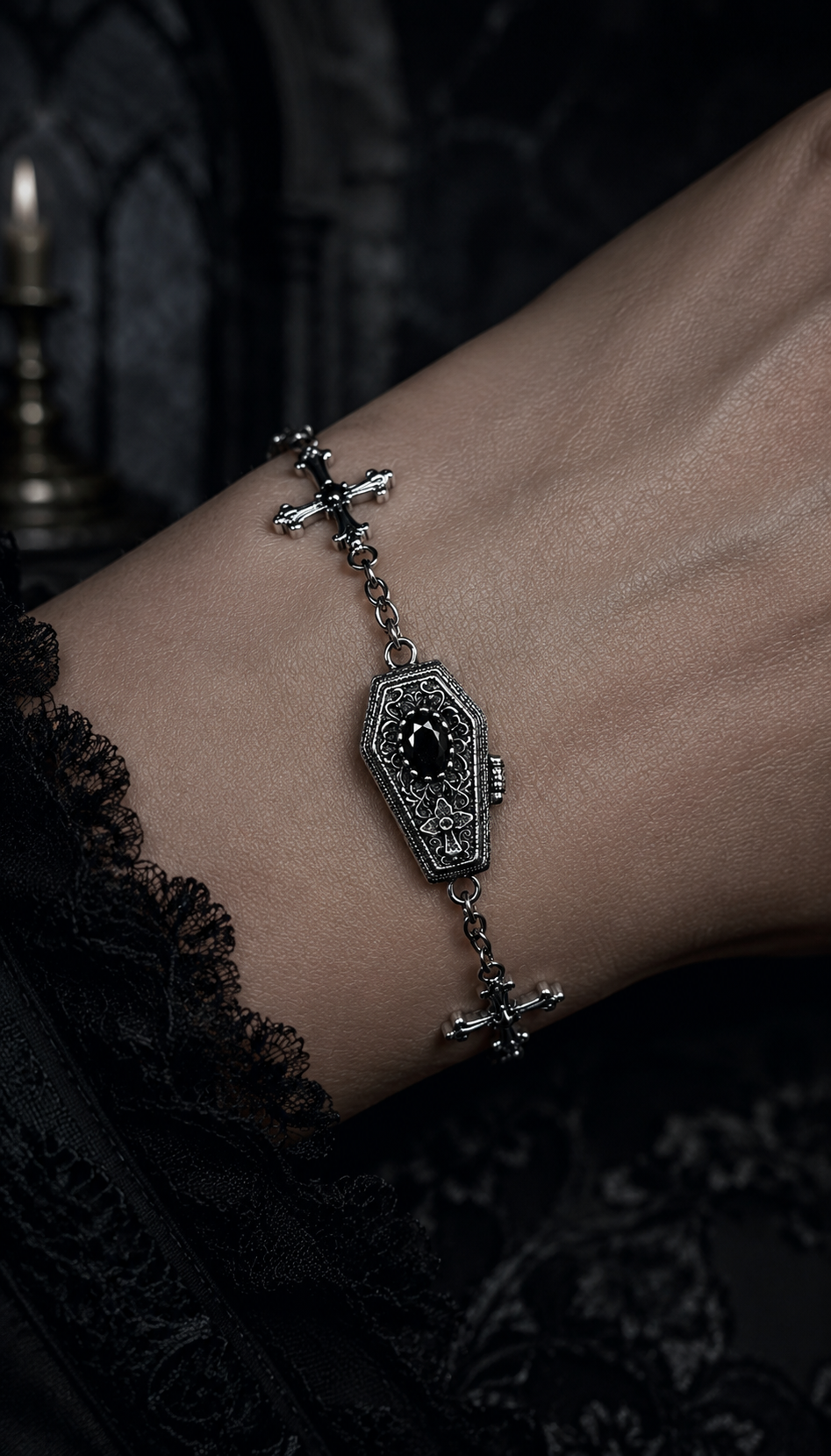 Black gemstone coffin bracelet close-up on the wrist