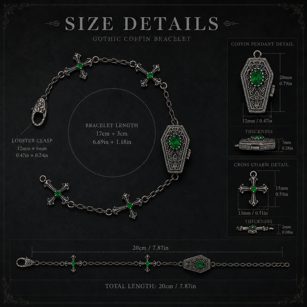 Gothic coffin cross bracelet size and dimension guide