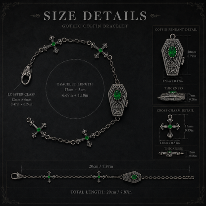 Gothic coffin cross bracelet size and dimension guide