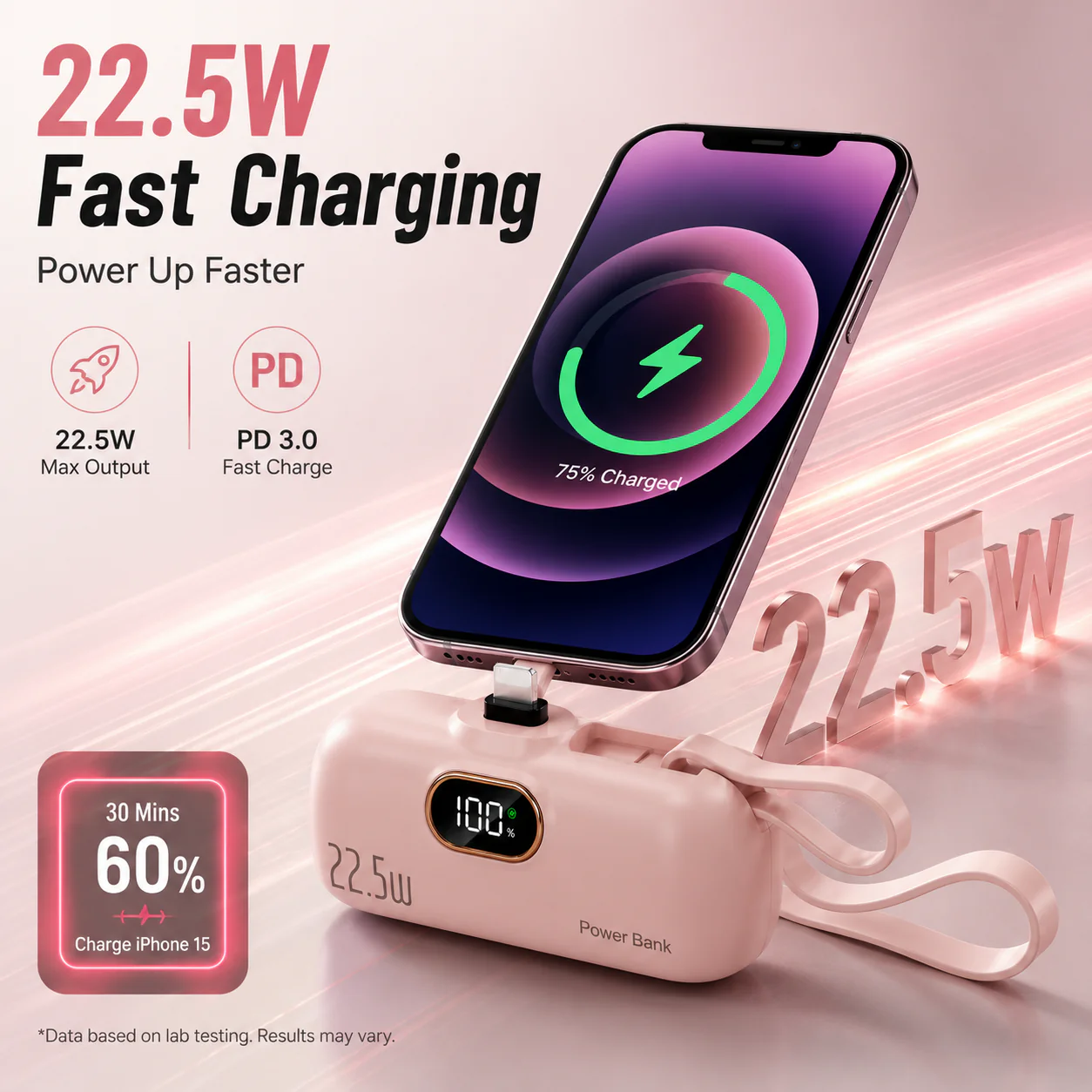 🔋 pocket power bank with built in cable 22-5W fast charging