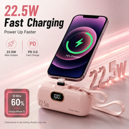 🔋 pocket power bank with built in cable 22-5W fast charging