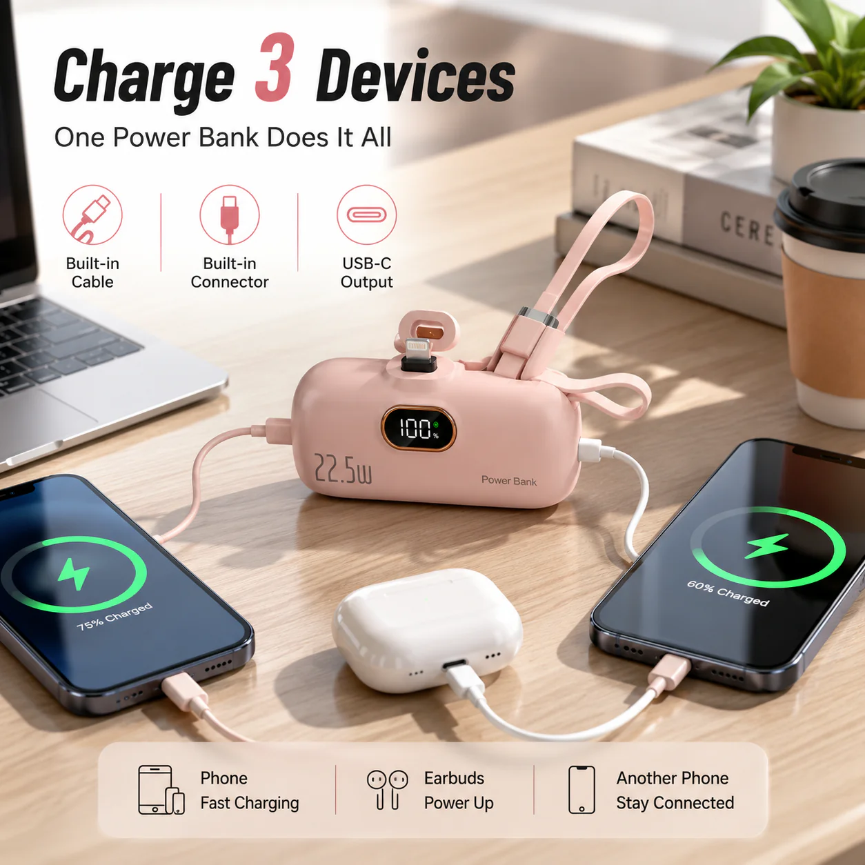 🔋 pocket power bank with built in cable 22-5W fast charging
